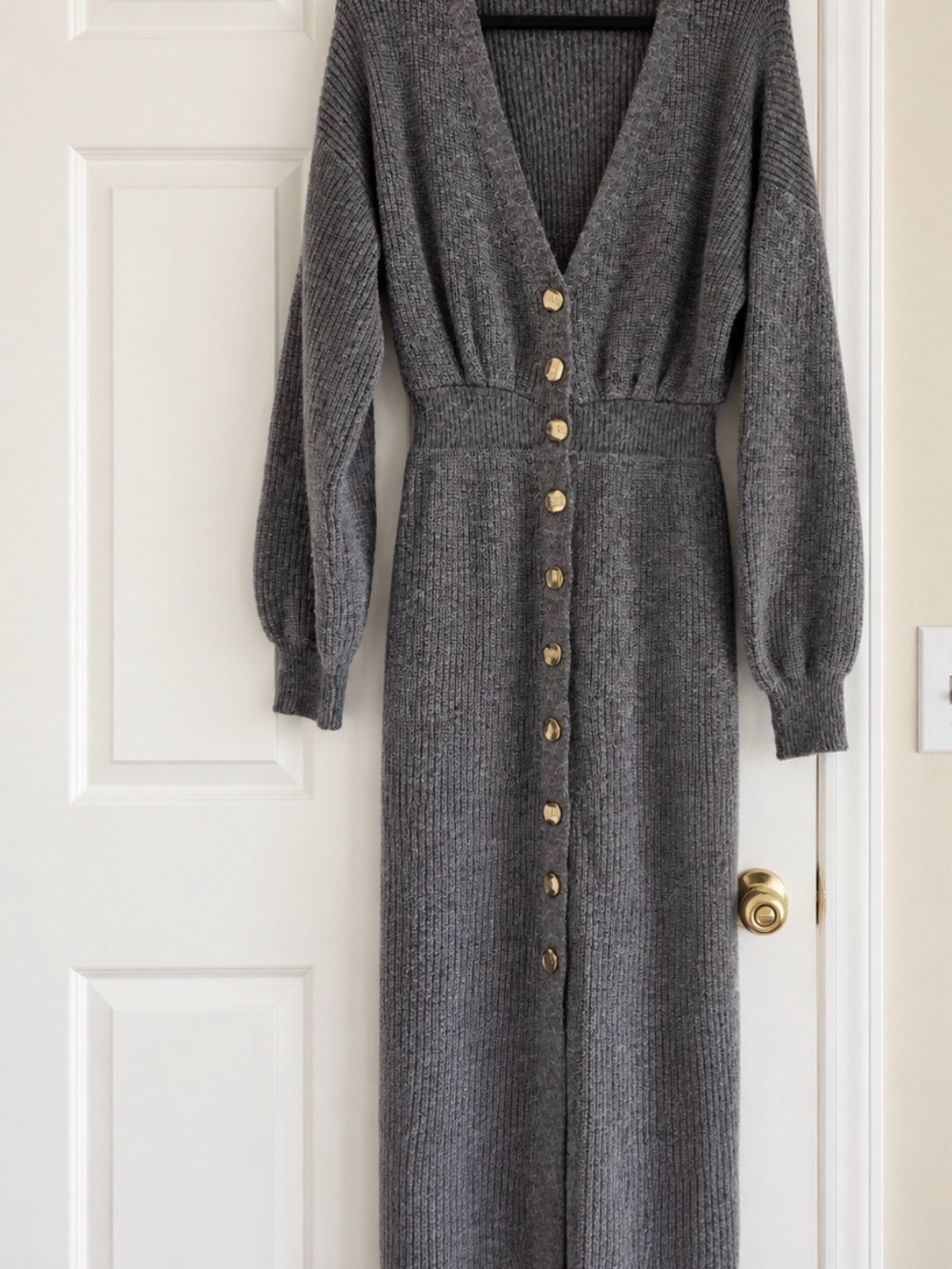 V-Neck Button-Front Knit Sweater Dress - Gray